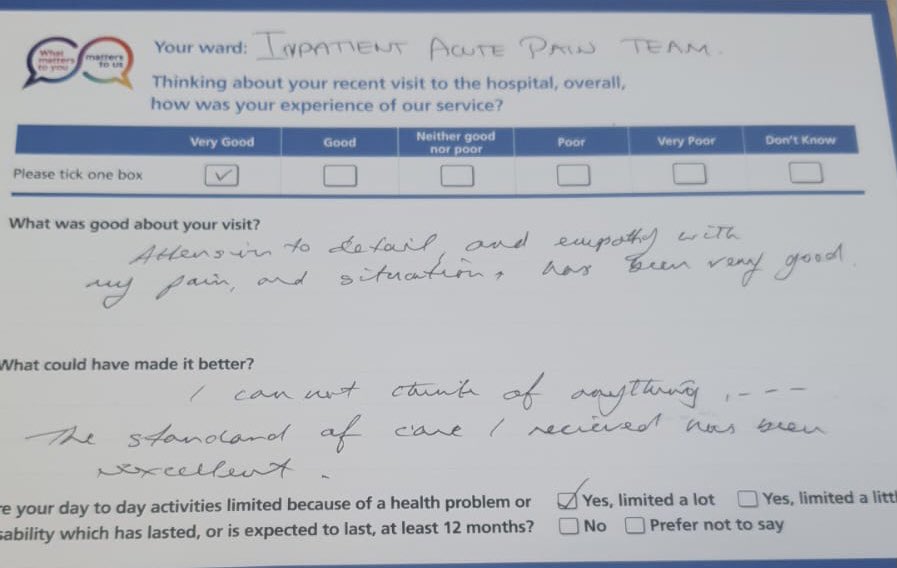 InpatientPain's tweet photo. Great feedback to finish the week on ⭐️ We have really been able to help our more complex pain patients since expanding our service.@DudleyGroupCEO @MarySextonNHS @DudleyGroupNHS https://t.co/23bazrbeWX