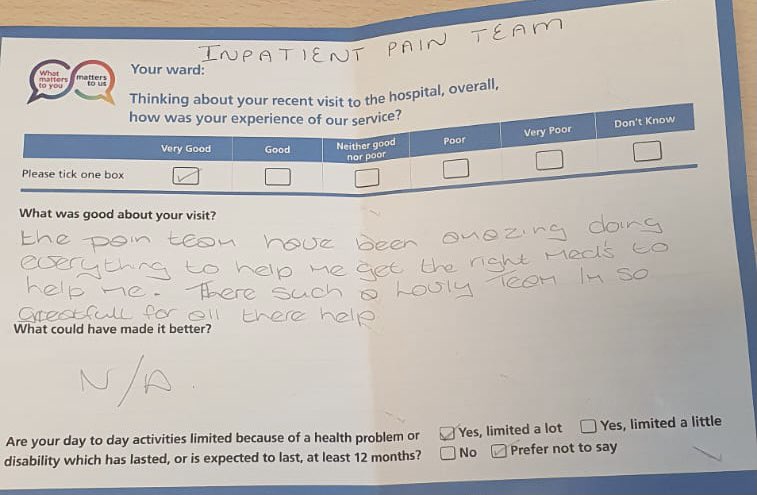InpatientPain's tweet photo. Great feedback to finish the week on ⭐️ We have really been able to help our more complex pain patients since expanding our service.@DudleyGroupCEO @MarySextonNHS @DudleyGroupNHS https://t.co/23bazrbeWX