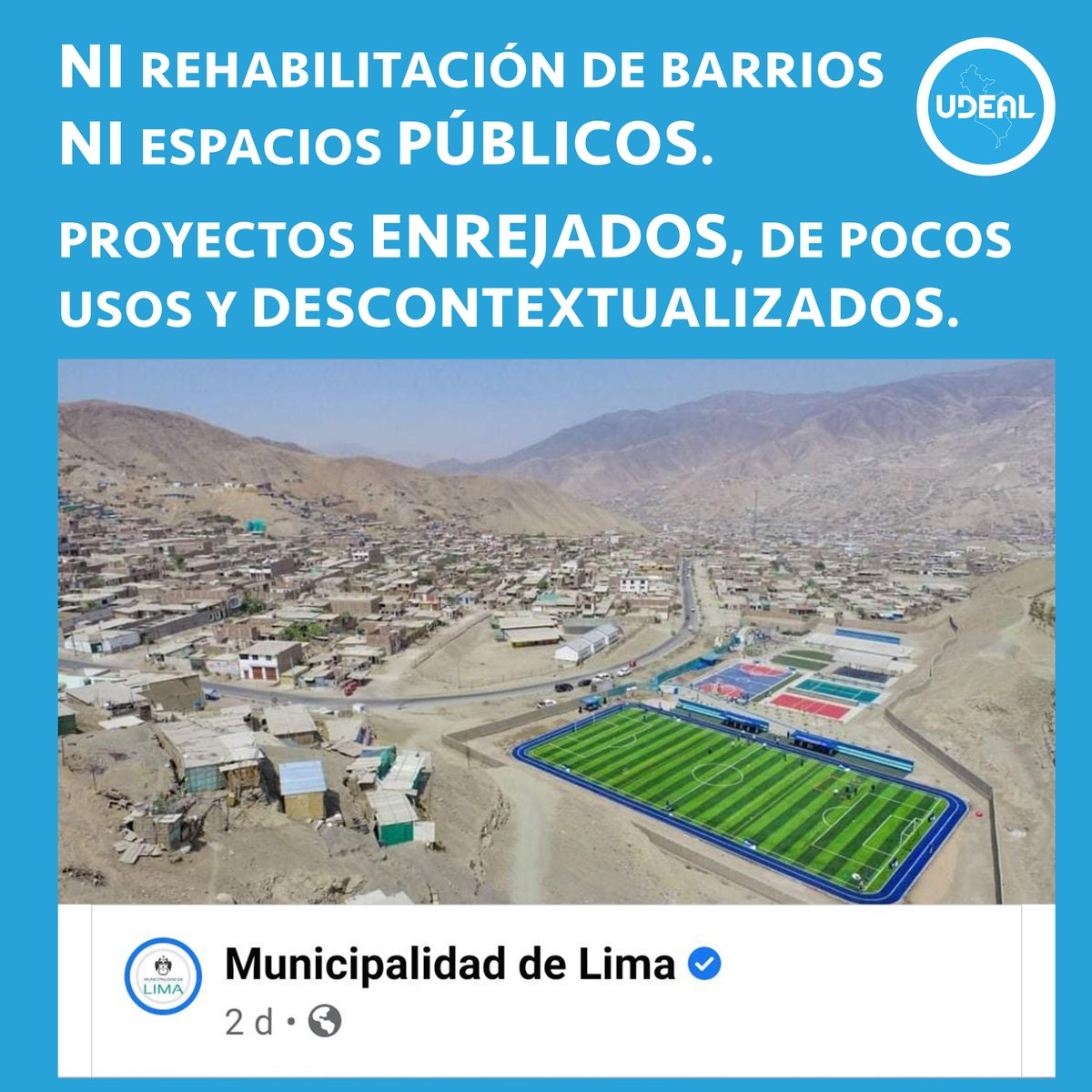 La pandemia ha marcado la urgencia de espacios públicos accesibles y calles habitables, pero la <a href="/MuniLima/">Municipalidad de Lima</a> continúa inaugurando espacios enrejados, con poca versatilidad de uso y sin un proyecto integral para nuestros barrios en laderas.

¿Lo llamarán urbanismo táctico?