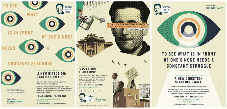 OrwellYouthPriz's tweet photo. Calling teachers! Now students are back in the classroom, how about an Orwell Youth Prize poster for the walls? We've now got a series of downloadable  and printable posters on our website that we'd love to see up in schools! #OYP2021 #StartingSmall https://t.co/0Ehu8MV9ij https://t.co/DC0oyrqarG