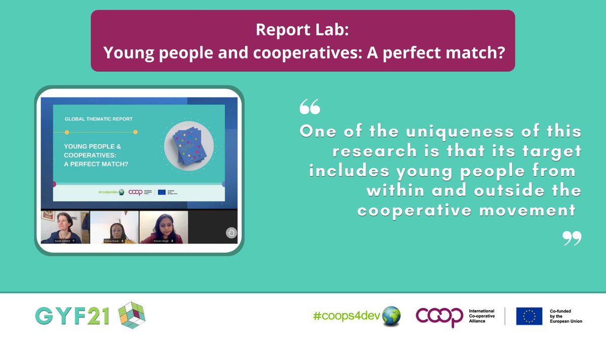 📗It's time to share some research insights at the #GYF21!💡

Some of the people behind the new report on #youngpeople and #cooperatives are exchanging ideas with #coopyouth on how #coops can help to solve #youth challenges🧯

#coops4dev🌍