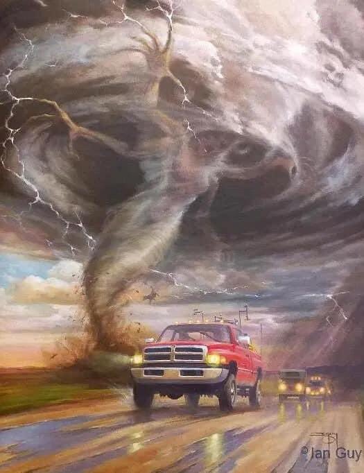 altahunthelp's tweet photo. Cool painting by #Ianguy of a scene from #Twister of #StormChasers getting Chased #WeGotCows π#Tornado #Storms #SevereWeather #TornadoAlley #Weather #rain #Funnel #StormHunt #BearsCage #Dorothy #Movie #Windy @ReedTimmerAccu @JimCantore https://t.co/EyqOeIScBk