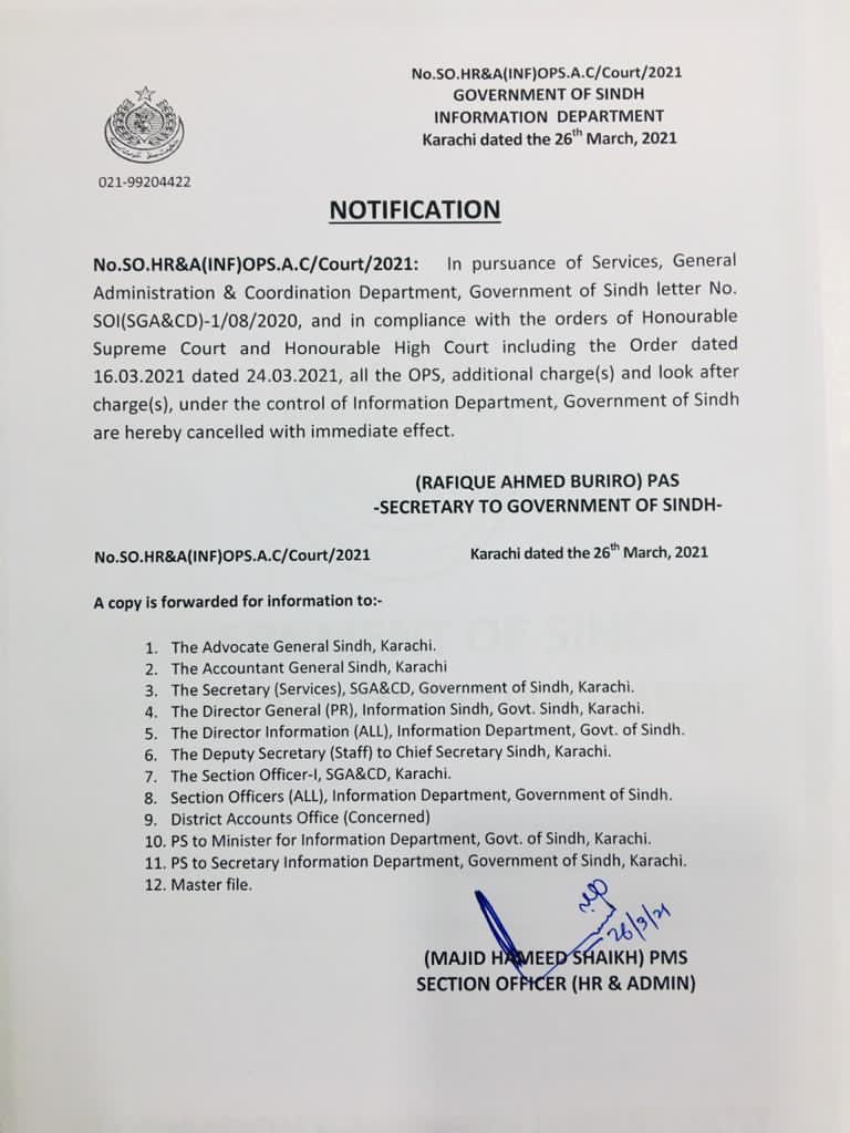 In Compliance with the orders of Hon Supreme court, conveyed thru the office of Chief Secretary Sindh, all the previous orders of Additional Charge, OPS and Look after charge have been withdrawn with immediate effect.