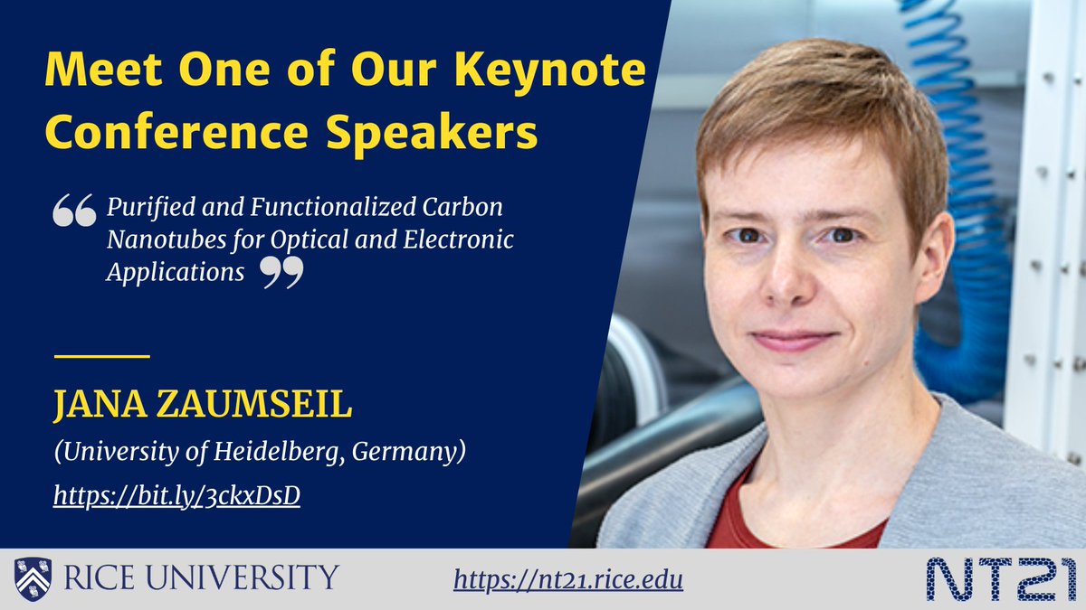 NTconference's tweet photo. Jana Zaumseil from the University of Heidelberg is one of our keynote speakers for NT21. Prof. Zaumseil will be hosting a virtual talk on Purified and Functionalized Carbon Nanotubes for Optical and Electronic Applications. Learn more about her research at https://t.co/pdvlXSlx4i https://t.co/MeiOie3OQx