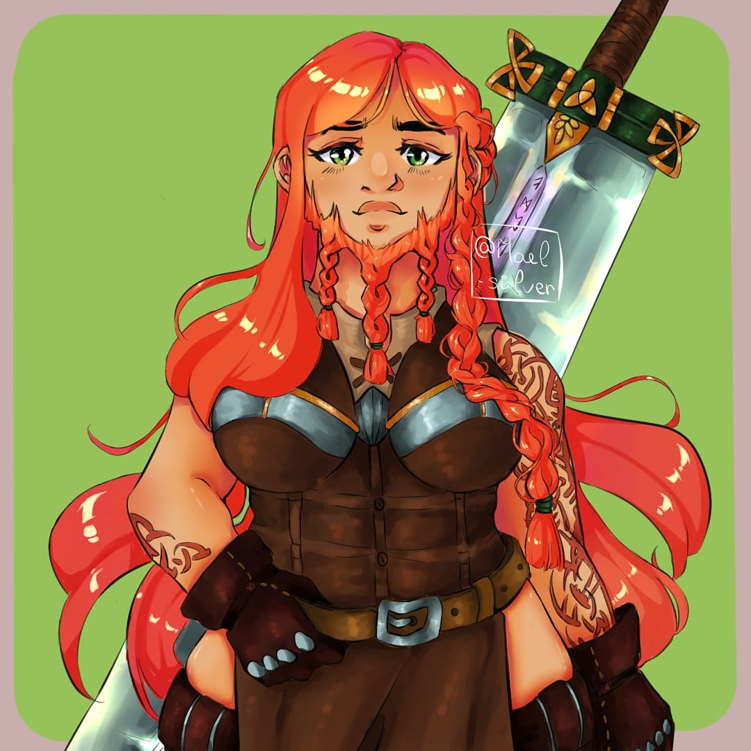 MaelSilver_'s tweet photo. La naine que j'incarne en JDR : Fénir !
J'ai réalisé le dessin en stream et au final j'en suis bien contente !!
Et vous ? Vous avez déjà fait du JDR ?
.
.
.
.
#JDR #roleplaygame #nain #fantasy #warrior #dwarfwoman #Digital #art https://t.co/N5J3fsXY2z