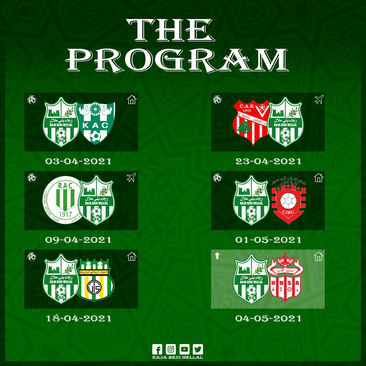 clubrbmofficiel's tweet photo. برنامج الجولات الخمس الأولى من مباريات الإياب في البطولة الاحترافية في قسمها الثاني ، و كذا الربع النهائي في منافسات كأس العرش.
#Rajabénimellal #Officiel #BotolaPro2 #ThroneCup https://t.co/wlYKe7dwP8