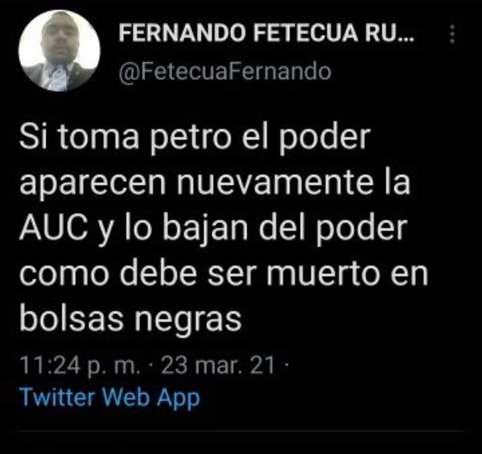 petrogustavo's tweet photo. Le solicito a @FiscaliaCol inicie cuanto antes la investigación sobre este ciudadano que ha decidido públicamente amenazarme de muerte https://t.co/JWIhZJtORX