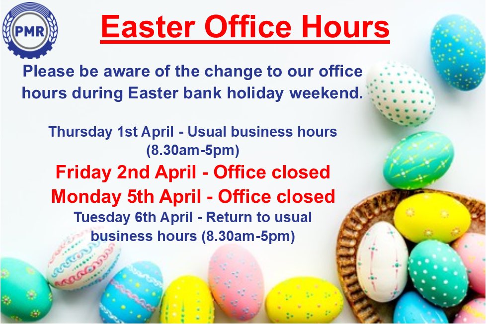Please be aware of the changes to our office hours during Easter bank holiday weekend. 
Call us on 01437 761321 to place your orders today to ensure delivery on time.
#Easter2021 #bankholiday
