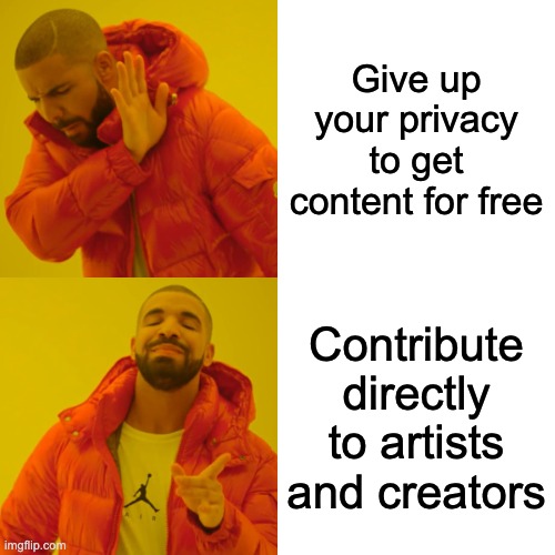 cosmoene's tweet photo. The deal of the first generation Internet was that you get content for free, but you give up your privacy. What if you could contribute to people and causes to show your appreciation on your terms? That’s https://t.co/SFRcFTJGLX #contributeto #supportartists https://t.co/kVlt7Rl5qF