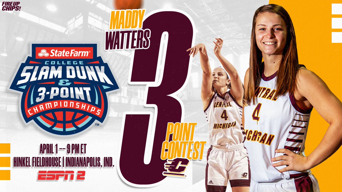 CMUWBBall's tweet photo. Maddy Watters has been invited to compete in the 𝟮𝟬𝟮𝟭 State Farm @CollegeSLAM 3-Point Championships‼️

🗓 Thursday, April 1
⌚️ 9 P.M. ET
📍Indianapolis, Ind. 
🏟 Hinkle Fieldhouse
📺 ESPN 2

Release 📰➡️: https://t.co/PmJcmZEz68

#FireUpChips🔥⬆️🏀 || @maddy_watters https://t.co/tnzZ7RdNii