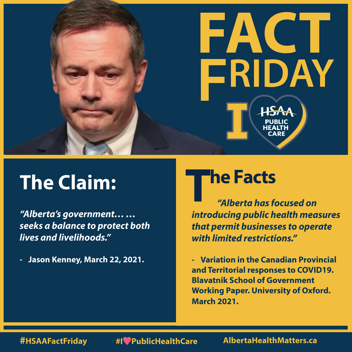 HSAAlberta's tweet photo. #Kenney says the #UCP are seeking balance to protect the lives and livelihoods of Albertans, but it has been shown they implemented limited restrictions on businesses.
#IHeartPublicHeathCare #HSAA #abhealth #abpoli #ableg #HSAAFF #FactFriday https://t.co/4oZCisA2zW