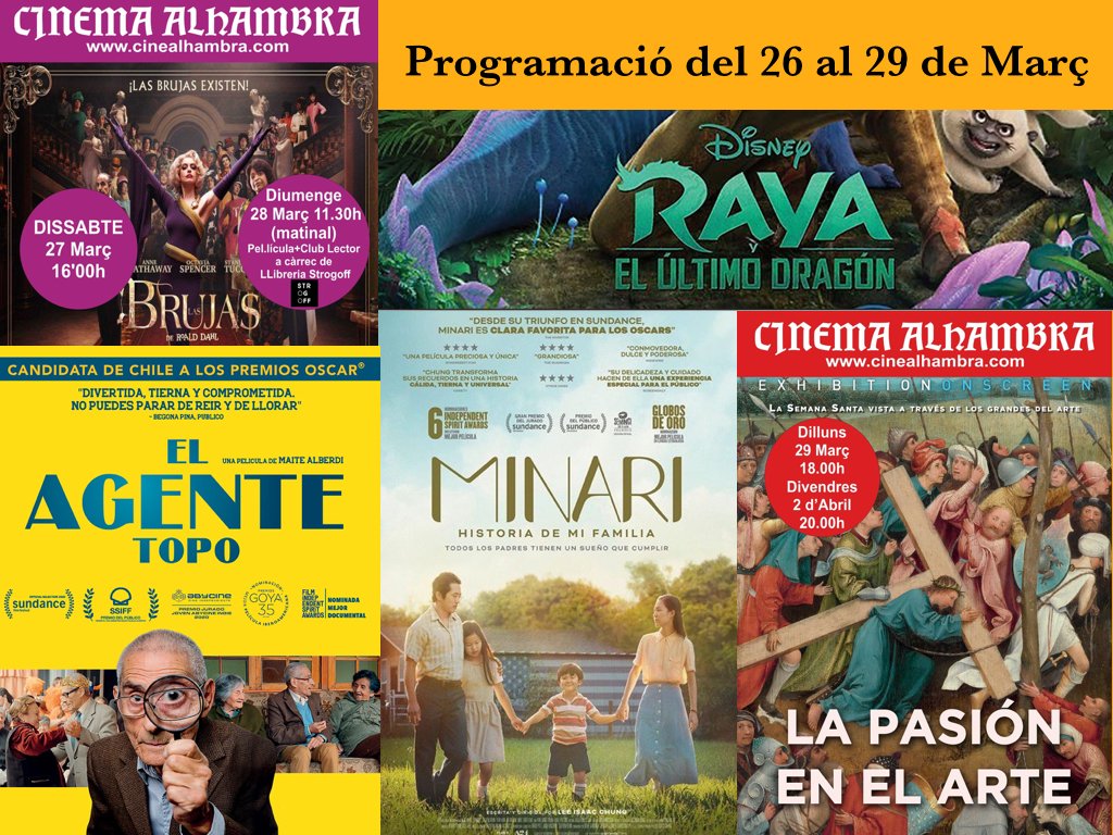 CineAlhambra's tweet photo. Un #CapdeSetmana de #Diversió 🎉#Bruixes 🐁#Llibres 📚 #AgentsSecrets 🔎#Oscars 💯#Art🎨#Dracs🐉
Tot al #CineAlhambra 📽 #laGarriga
#CULTURA ❤ https://t.co/eJuYeiMY17