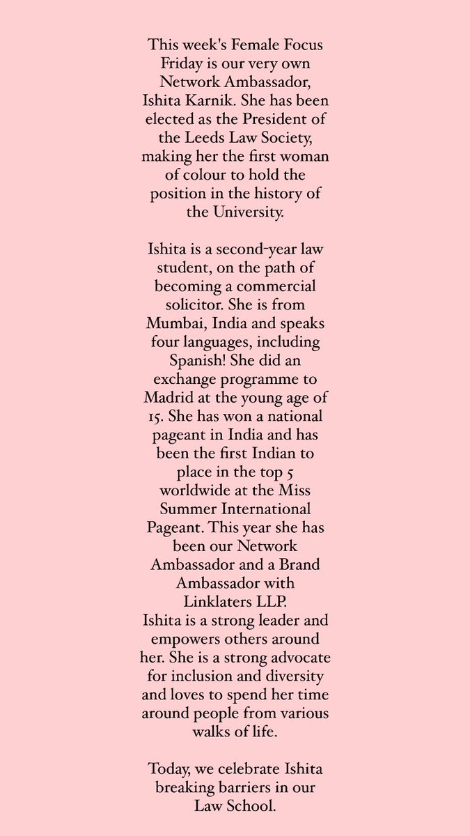 wbb_leeds's tweet photo. This weeks #FFF is our very own Ishita Karnik. She was previously elected to be the next President of the Law Society and we couldn’t be happier for her! Check out this piece below for some more info about Ishita and the incredible things she has done so far in her life ❤️ https://t.co/PFDI7SflQh
