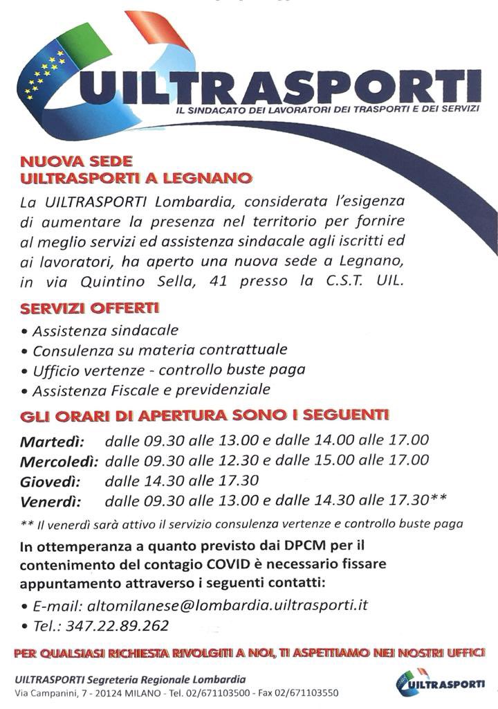 È operativa la nuova sede UILTRASPORTI di #Legnano, siamo a disposizione per qualsiasi richiesta di assistenza sindacale, consulenza su materia contrattuale, fiscale e previdenziale, controllo buste paga etc. Ti aspettiamo! <a href="/UilMilanoLombar/">Uil Milano Lombardia</a> <a href="/Uiltrasporti_N/">UILTRASPORTI</a> <a href="/PpBombardieri/">Pierpaolo Bombardieri</a>