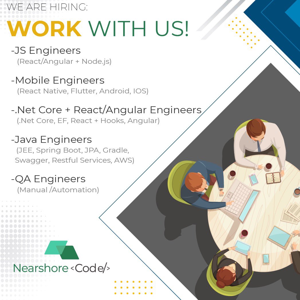 nearshorecode's tweet image. 📢We are Hiring:
♦️JS Engineers
♦️Mobile Engineers
♦️.Net Core + React/Angular Engineers
♦️Java Engineers
♦️QA Engineers
Be part of this incredible team🧑🏻💻👩💻👩🏻💼👨💼
Work with Us!!💻
Send us your CV in English to: careers@nearshorecode.com
#development #jsdev #javadev #programming
