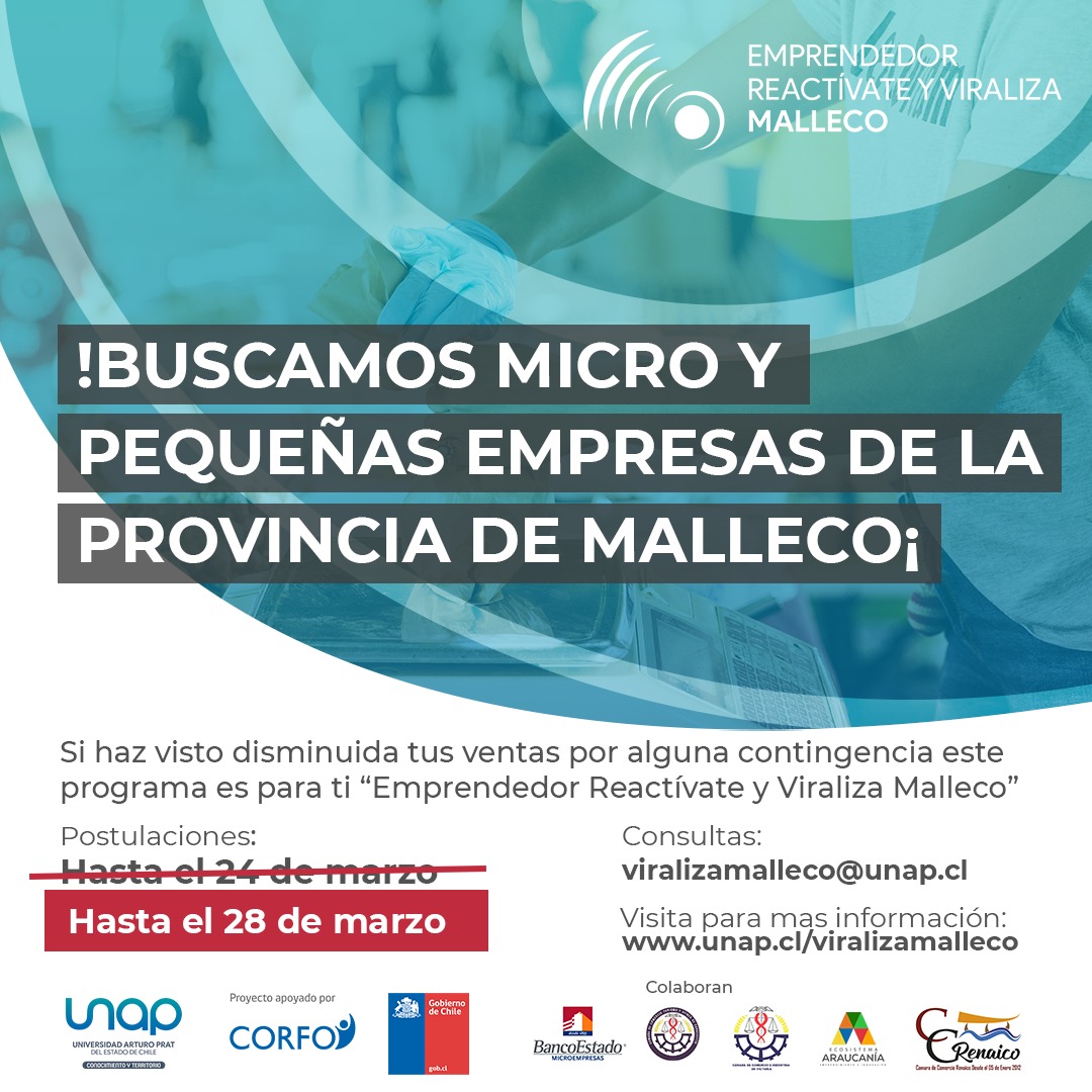 Atención Micro y Pequeñas Empresas de la Provincia de Malleco participa de la convocatoria Emprendedor, reactívate y viraliza #Malleco que  consiste en un programa de formación digital, con foco en la reactivación comercial
Postula hasta el 28/03/21
👇👇
unap.cl/viralizamalleco