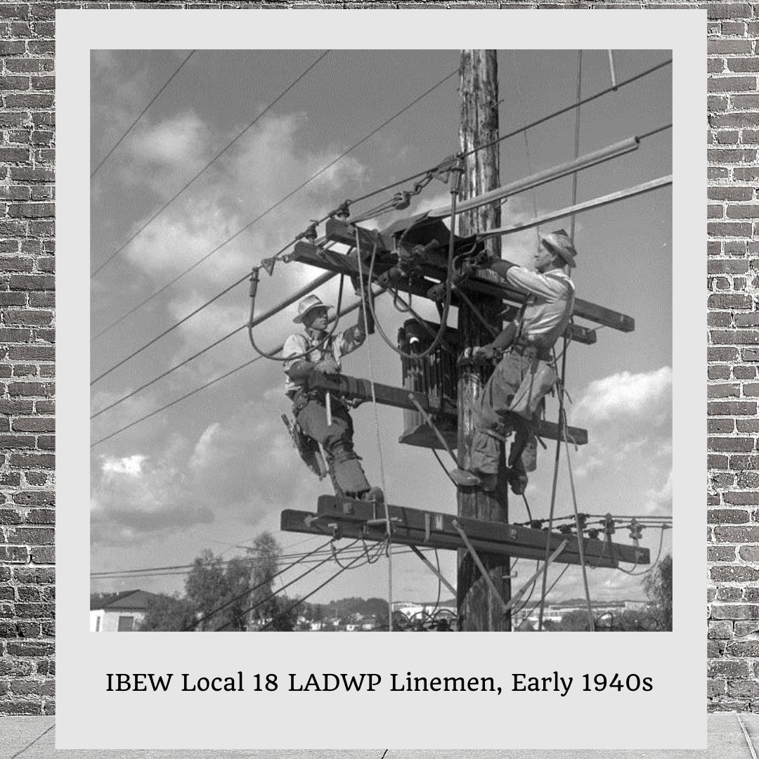 IBEWLocal18's tweet photo. #FBF The Brothers and Sisters of IBEW Local 18 have been bringing water and power to Angelenos for over 100 years. An early 1940s photo of linemen in Los Angeles. #IBEWLocal18 #WePowerLA https://t.co/TMLrfwWKbi