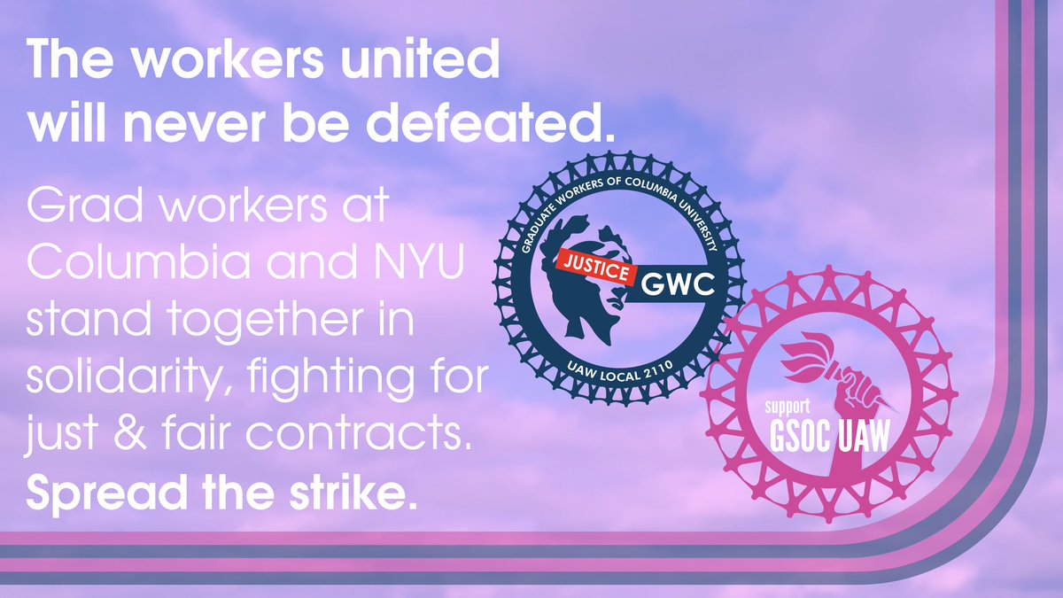 GSOCUAW's tweet photo. We’ll be on the digital picket line from 11am to 12pm with our comrades from @GWCUAW talking about our contract demands and how we can #SpreadTheStrike!

#CUonStrike #StrikeOnNYU https://t.co/iJHVfaIHCi