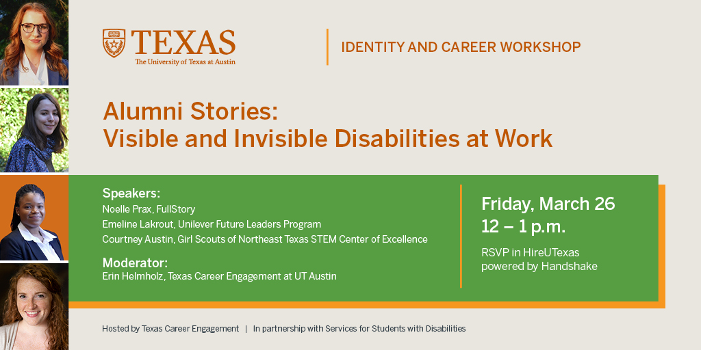 Happening today! Hear stories from successful #UTAustin alumni who are navigating their careers with visible and invisible disabilities. More info here:  bit.ly/3ldjikL
@UT_SSDisability @HireUTexas