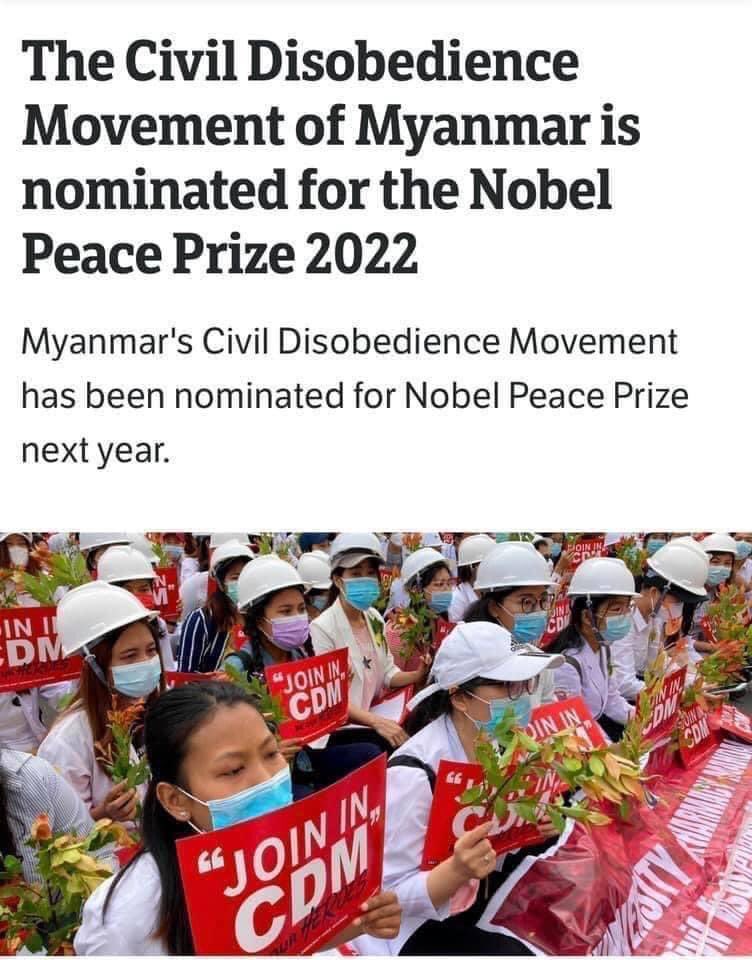 MiZarNi7's tweet photo. Civil Disobedience Movement (CDM) in Myanmar has been nominated for the Nobel Peace Prize. 

#WhatsHappeningInMyanmar               #Mar26Coup https://t.co/BBaPKYFZcp