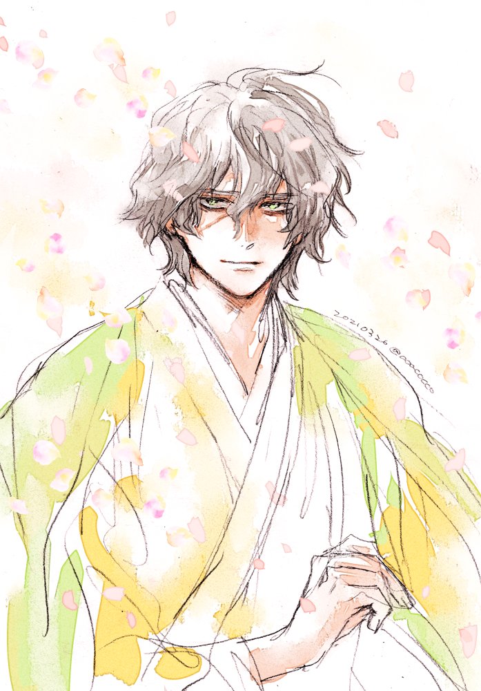 1boy male focus solo japanese clothes kimono green eyes petals  illustration images