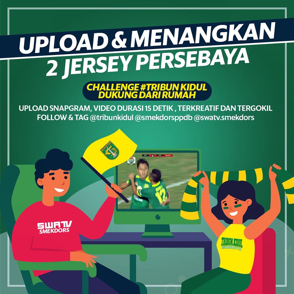 Gelaran sepak bola di indonesia telah hidup kembali. 
Sebagai bentuk dukungan moril bonek/bonita terhadap Persebaya, Tribun kidul mengajak bonek bonita untuk menunjukkan kreatifitas nonton dirumah saja 
Ayo ramaikan
#dukungdarirumah