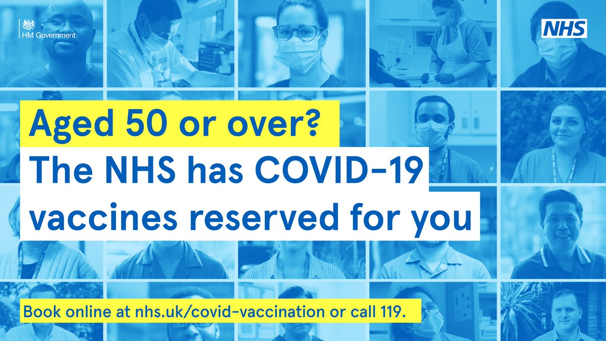 If you’re aged 50 or over, the NHS has Covid-19 vaccines reserved for you. You can book online at nhs.uk/covid-vaccinat… or call 119.
