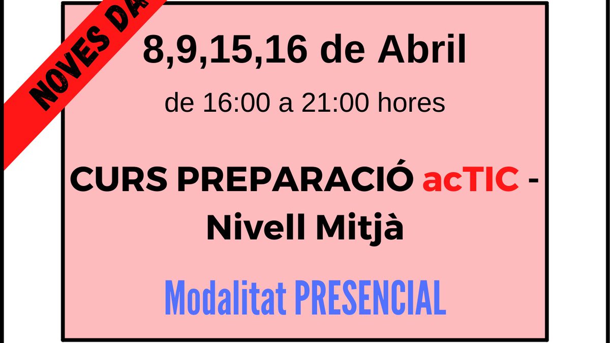 Multimediatgn's tweet photo. Noves dates del curs d'acTIC!
Recordem que el curs es farà de forma presencial i que es de nivell mitjà, reserva la teva plaça. #multimèdiaformació #multimèdia #multimèdiatarragona #torredembarra #formaciósubvencionada #cursosgratuïts #inici #immediat #plaçeslimitades #tic #actic https://t.co/s16uZNBwHv