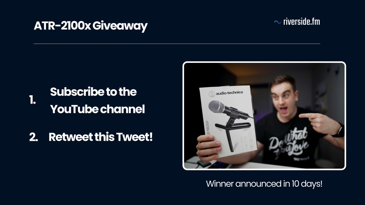 RiversidedotFM's tweet image. To celebrate our upcoming launch next week, we're giving away the amazing ATR 2100x Microphone and you can be the winner 🎙️🔥

How?
1. Retweet this message
2. Subscribe to our YouTube channel: youtube.com/channel/UCOaG4…

The winner will be announced in 10 days.