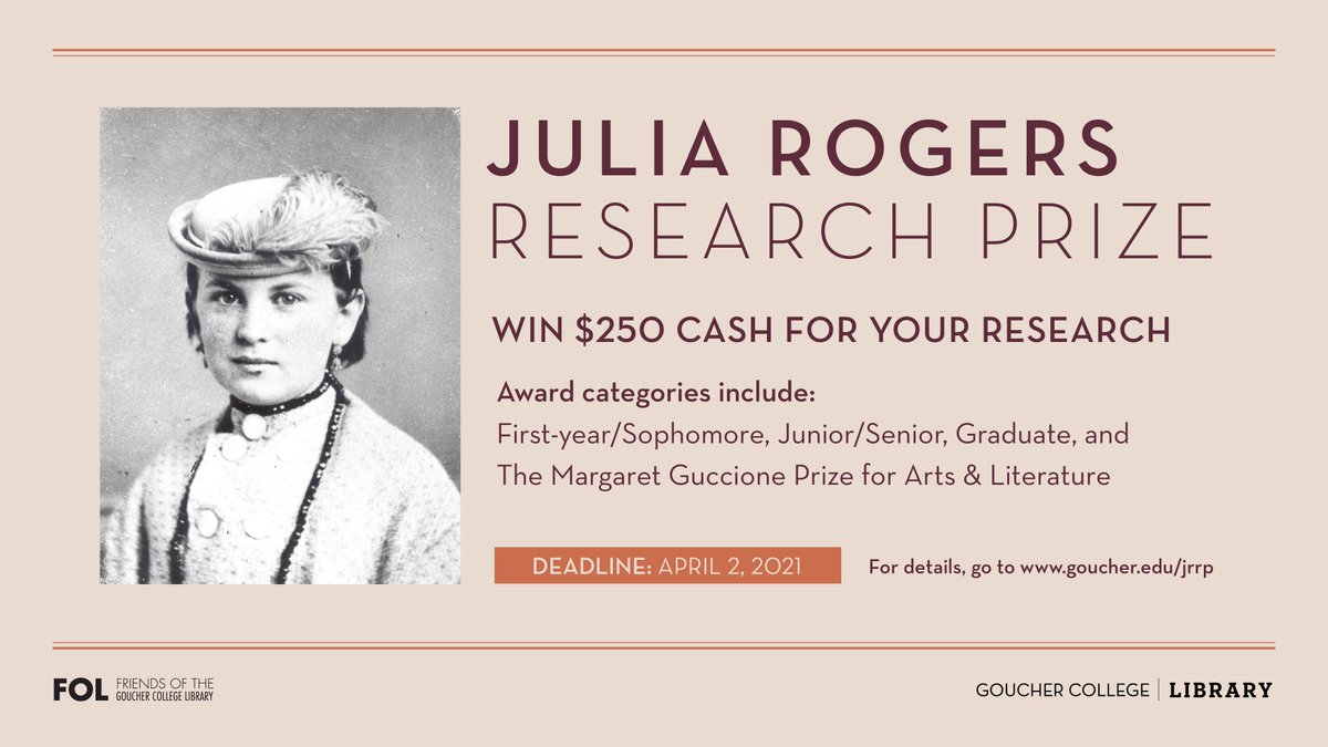 GoucherLibrary's tweet image. Don&apos;t miss the upcoming deadline to submit a 2020 research project for the Julia Rogers Research Prize on April 2nd! The prize is $250 for each award category. Please visit goucher.edu/jrrp for more information.