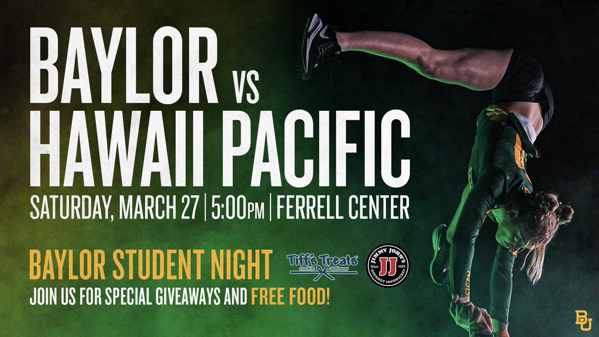 BaylorAcroTumb's tweet image. Tomorrow! 👀

❓ Student Night
🆓 Food &amp;amp; Giveaways
🏀 The @BaylorMBB game will be on the videoboard during warm ups
🎟️ baylorbea.rs/30N6c4k

#SicEm