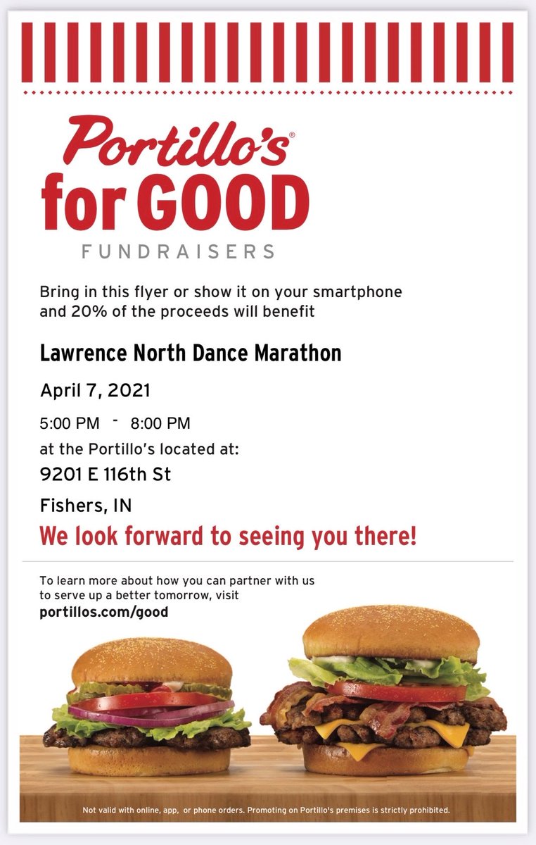 .<a href="/LnDance/">LNDanceMarathon</a> is hosting a fundraiser at Portillo's on April 7! Show this flyer during your visit and 20% of the proceeds will benefit LNDM!