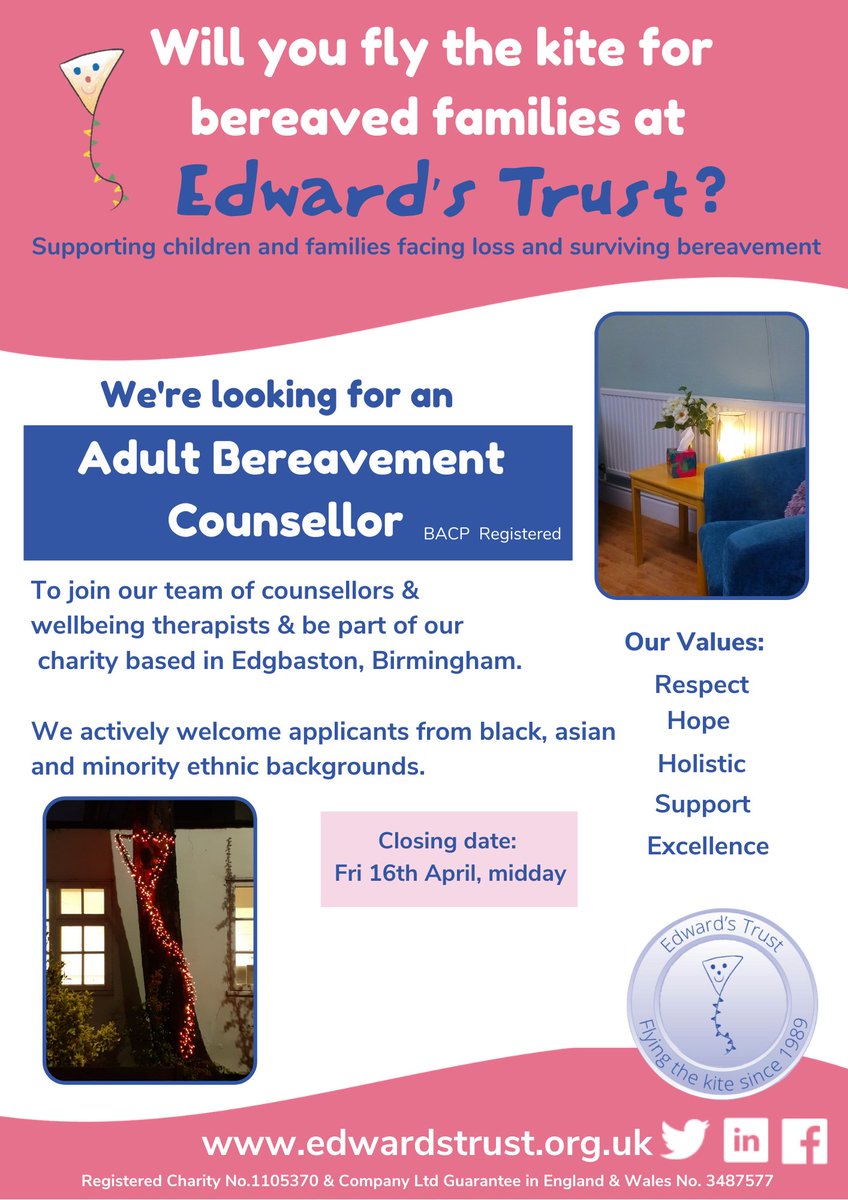 Edwardstrust's tweet photo. JOB OPPORTUNITY: Adult Bereavement Counsellor -Edward's Trust, Birmingham @BACP @CharityJob  👉https://t.co/Ygvm0vyRWS Closing date:  16 April #bereavement #counselling https://t.co/Gq0VdCUcCO
