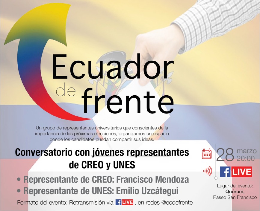 ecdefrente's tweet photo. #EcuadorDeFrente 🇪🇨 | Te invitamos al conversatorio con Como líderes de juventudes @unes_ecuador Y @CREOEcuador el domingo 28 de marzo a las 20h00. Míralo por #facebooklive. https://t.co/rKfQg1cfnK