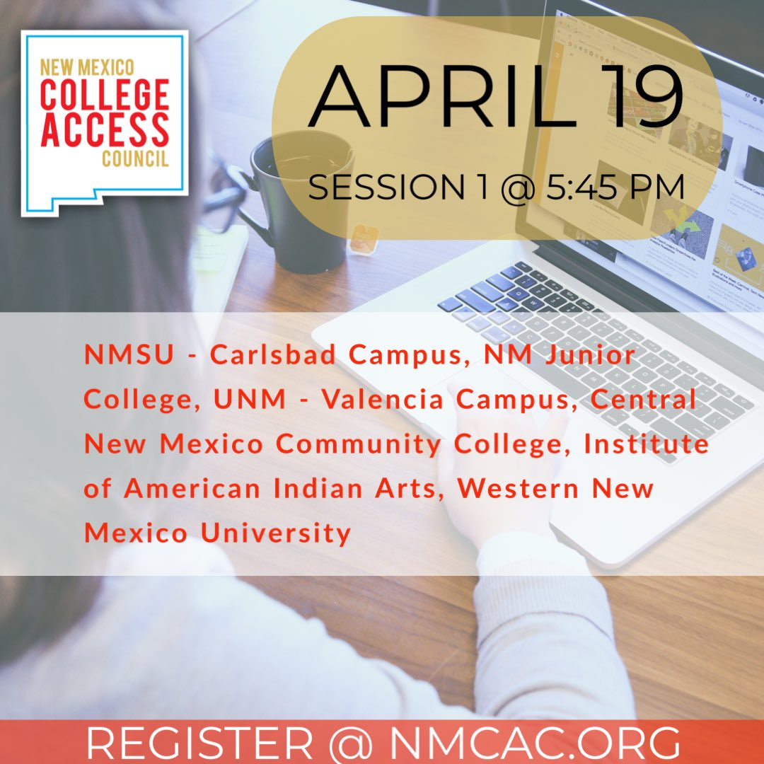 nmcollegeaccess's tweet photo. NMCAC is excited to share our Spring College and University Panel Series April 19 and 20. To register please visit us at https://t.co/EwaM66sCQ5
#newmexicotrue #college #university #series #collegeaccess #highereducation https://t.co/WgnnGfZd5U