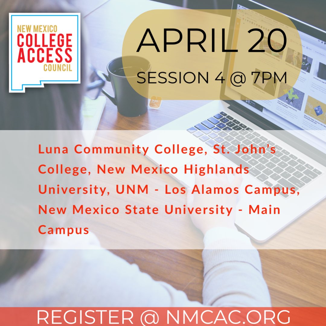 nmcollegeaccess's tweet photo. NMCAC is excited to share our Spring College and University Panel Series April 19 and 20. To register please visit us at https://t.co/EwaM66sCQ5
#newmexicotrue #college #university #series #collegeaccess #highereducation https://t.co/WgnnGfZd5U