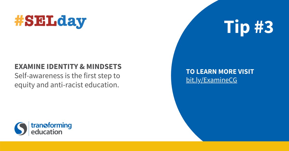 Transforming_Ed's tweet photo. #SELday Tip #3: Examine Identity & Mindsets. Take some time to hone in on one of the components of our revised SEL Integration Approach. #SEL #SelfAwareness #SELIntegrationApproach https://t.co/ttJ4U9GkSL https://t.co/gM90wHMxhG