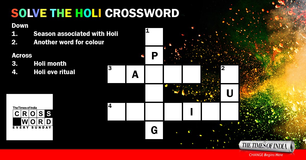 TOI_Crossword's tweet photo. What’s Holi without a little fun? Try our Holi Crossword below &amp; don’t forget to participate in #TOICrossword in today's newspaper for a chance to win rewards of up to ₹1.5 Lakhs. 
Participate now- https://t.co/TkyL6HojOP
*T&amp;C Apply
#ContestAlert #Contest #TOI #ThinkInsideTheBox https://t.co/fVzigSHQpM