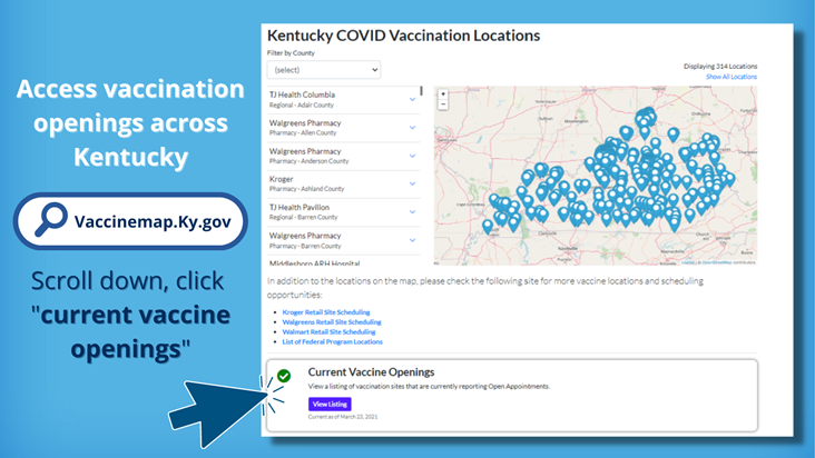 KYHealthAlerts's tweet photo. Vaccination appointments are available across the commonwealth. See opportunities near you by visiting https://t.co/zsAI92174i, and then scroll to “current vaccine openings.” #ShotofHope https://t.co/MuNwWtw5f1