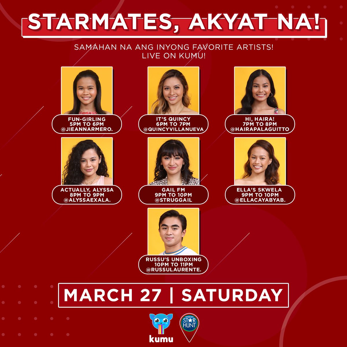 starhuntabscbn's tweet photo. Have a blast this Saturday kasama ang iyong favorite artists! Catch them live on KUMU tomorrow, March 27!😍

Download the KUMU app here: https://t.co/owgEGAmhMC https://t.co/q0tUL0Jobm