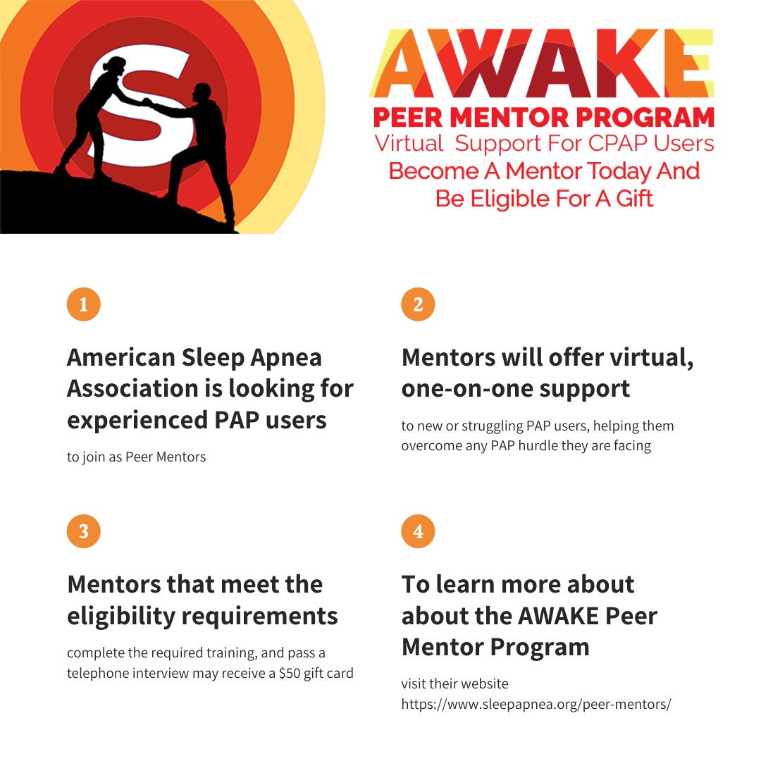 sleeptember's tweet photo. Are you an experienced #CPAP patient? One who has learned the tips and tricks of your machine and mask? Our AWAKE Mentor Program is looking for you! Learn more at https://t.co/t88pAsUsQ1 Eligible mentors may receive a $50 gift #AWAKEtogether #sleepapnea #OSA https://t.co/py7VUfhgUB