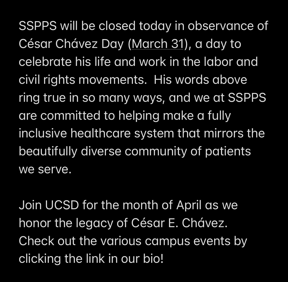 UCSDPharmacy's tweet photo. “We need to help students and parents cherish and preserve the ethnic and cultural diversity that nourishes and strengthens this community-and this nation.”
― César E. Chávez

#cesarchavez #cesarchavezday #ucsd #sspps #pharmacy #pharmacyschool #diversity https://t.co/jCxVbbnt6T