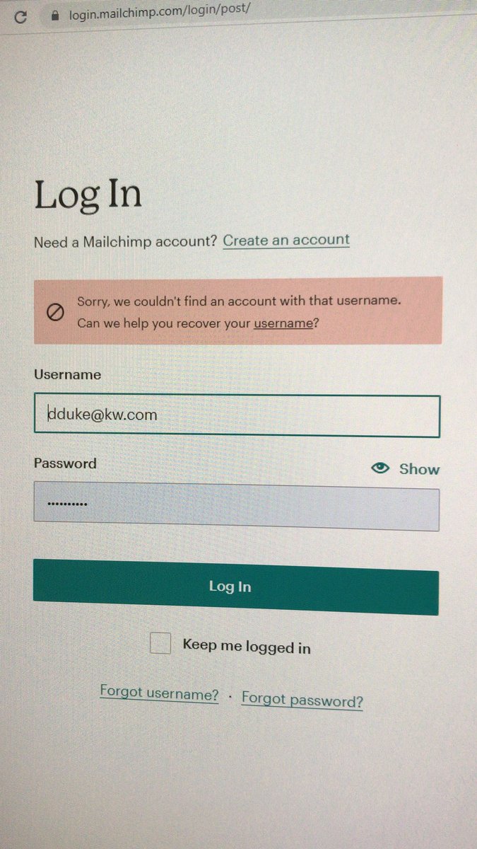 DylanKadeDuke's tweet photo. @MailchimpStatus It says this when I put in the initial email https://t.co/XXqI6H9vob
