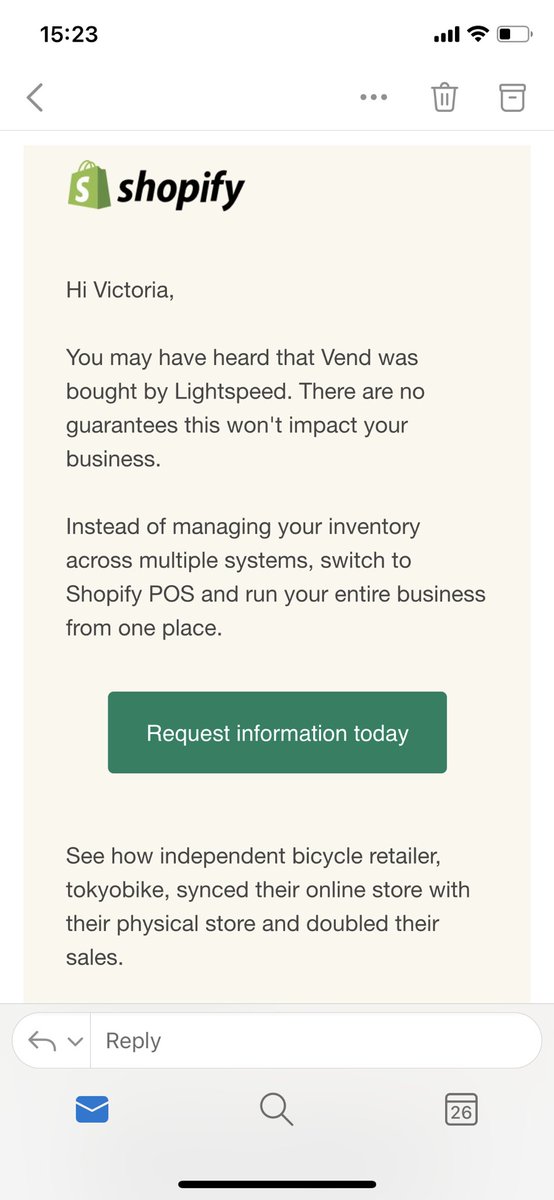 WildIrisShop's tweet photo. @vendhq Just received this email from @Shopify Should I be worried? Are there plans to discontinue the integration between Vend &amp; Shopify? Thanks https://t.co/j3vHKziySJ