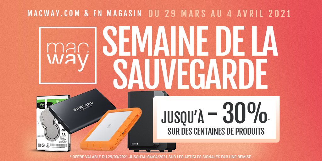 macway_fr's tweet photo. Semaine de la #sauvegarde MacWay 💾
Jusqu'à -30% sur plus de 100 produits à partir d'aujourd'hui et jusqu'au dimanche 04 avril !
C'est le moment de sauvegarder vos données.🔒
👉 Par ici : https://t.co/FmikLN0rFK
#MacWay #sauvegarde https://t.co/4HEiU375ub