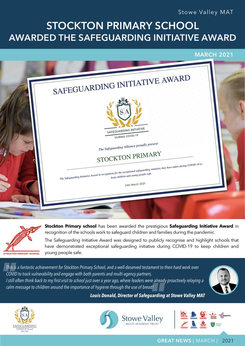 SouthamCollege's tweet photo. Stockton Primary school has been awarded the prestigious Safeguarding Initiative Award in recognition of the schools work to safeguard children and families during the pandemic. https://t.co/5daWqLVyFr
