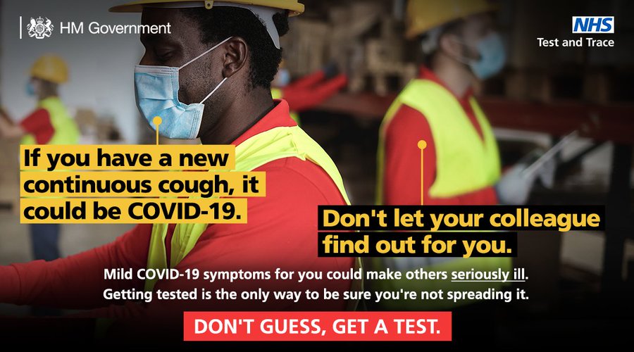 UK Health Security Agency (@ukhsa) on Twitter photo Don't be the one who takes COVID-19 into work. 
If you have a high temperature, ️a new continuous cough, or ️a loss or change to your sense of smell or taste:
Don't guess, get a test.
Find out more: nhs.uk/coronavirus Don't be the one who takes COVID-19 into work. 
If you have a high temperature, ️a new continuous cough, or ️a loss or change to your sense of smell or taste:
Don't guess, get a test.
Find out more: nhs.uk/coronavirus