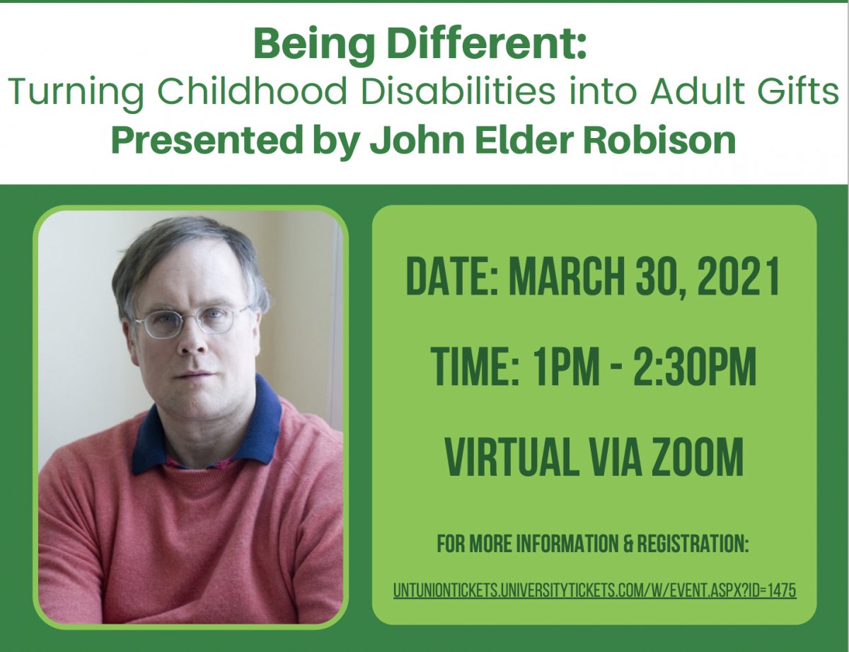 UNTHPS's tweet image. Don't miss the #UNT Neurodiversity Professional Network event Being Different: Turning Childhood Disabilities into Adult Gifts presented by @johnrobison on March 30. Learn more: bit.ly/UNTJohnElderRo…