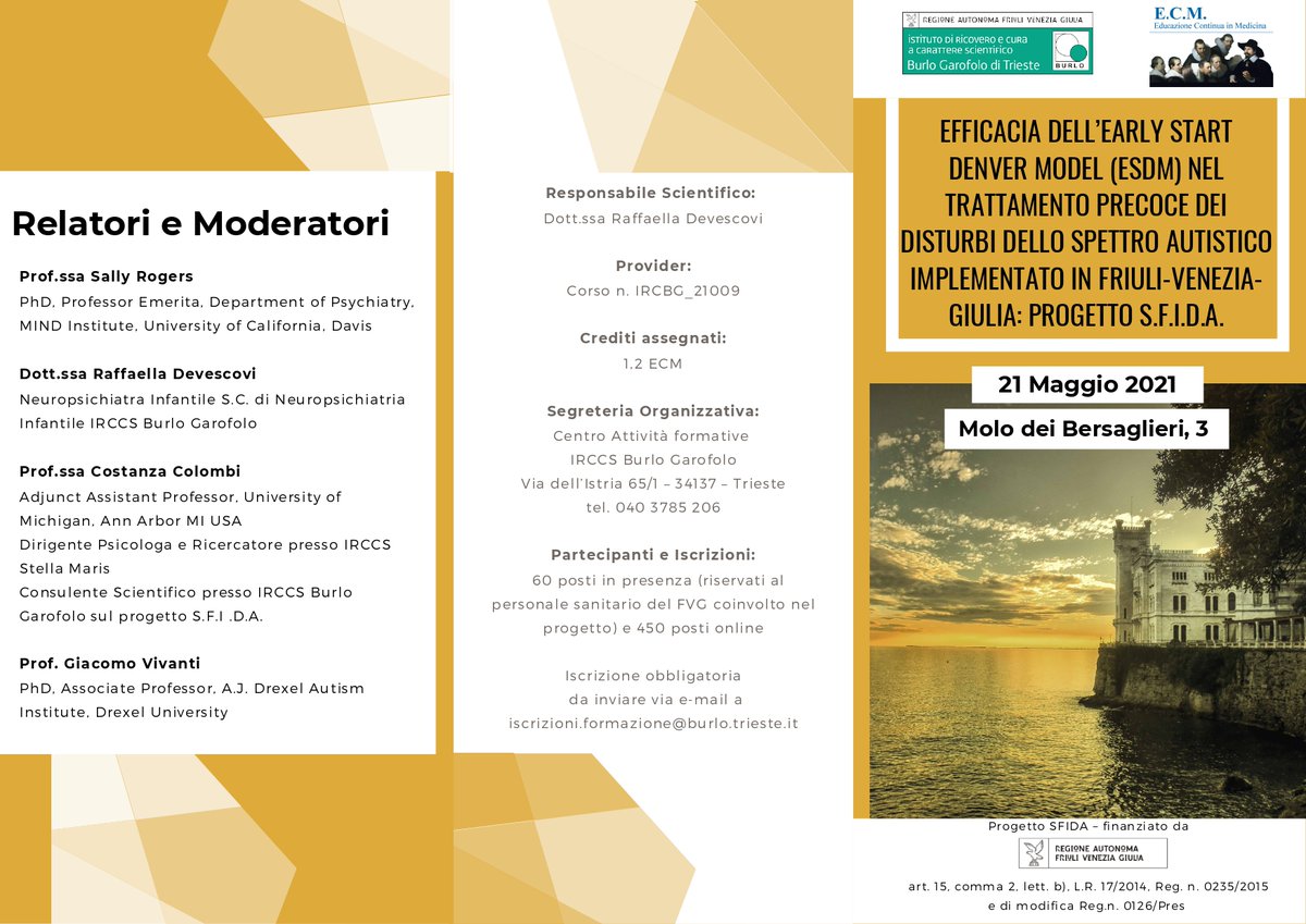 BurloGarofolo's tweet photo. Il convegno finale del Progetto Regionale “S.F.I.D.A.” sul trattamento precoce dei #DisturbidelloSpettroAutistico con Early Start Denver Model (ESDM), implementato nei servizi pubblici del #FVG si terrà in modalità online il 21/05/2021 dalle 14:00 alle 18.30
@progettoautismo https://t.co/uLn5QBTYLa