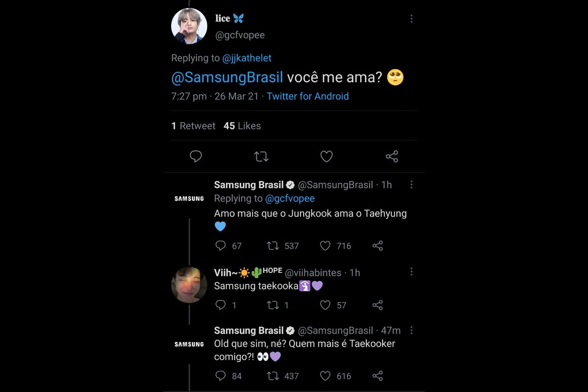 TheTKGlobal's tweet photo. [TRANS] A Sweet Conversation:

🗣️: Do you love me?
SBR: Yes, more than Jungkook loves Taehyung 💙
🗣️: Samsung, Taekooker?
SBR: Yes, ofcourse! Who else is a Taekooker with me?

🗣️: Admin, ask for a unit of the two.
SBR: Hello, @bts_bighit, where's the most anticipated K-Pop unit? https://t.co/Kk3TDs5XzL